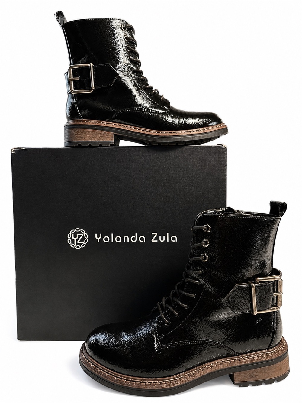 LIKE NEW Yolanda Zula Glossy Black Lace-Up Combat Boots with Side Zip (6, EU 36)